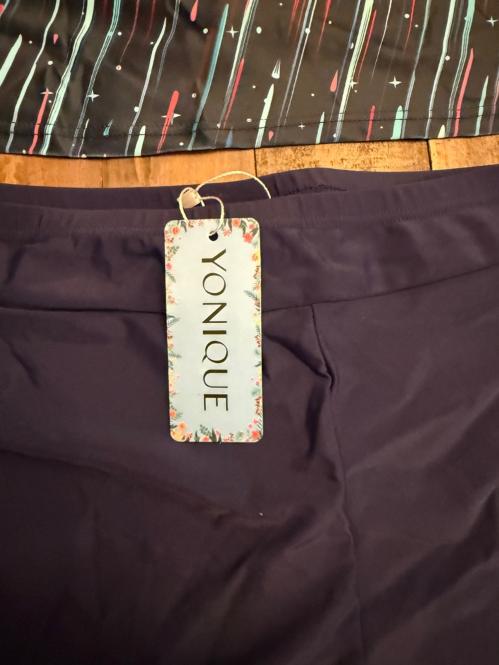 Yonique Navy Strappy Tankini (2 Piece)with Multi-Color Linear Print NWT - Picture 10 of 15